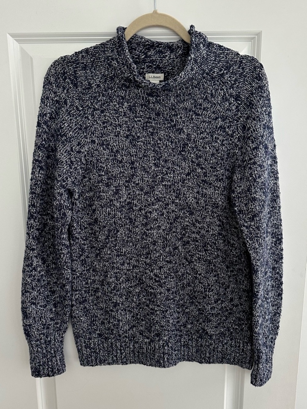 L.L. Bean Cotton Ragg Funnelneck Pullover Sweater -Navy Blue & White Marled Knit